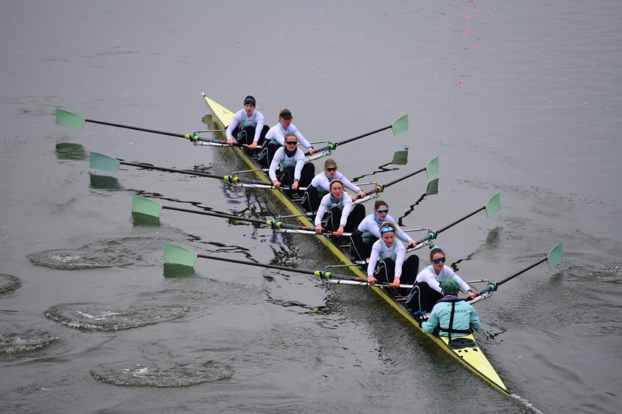 A photo taken from above, of the Cambridge Women's Rowing Team. They ...